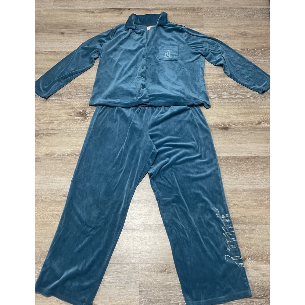Juicy Couture Tracksuit Womens‎ Large Button Top Pants Teal Blue Logo Y2K Sleep